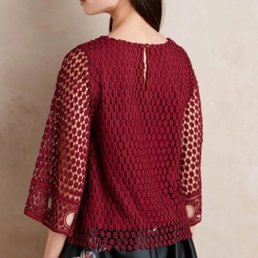 Anthropologie Vanessa Virginia Wine Country Lace Blouse Bell Sleeve size L